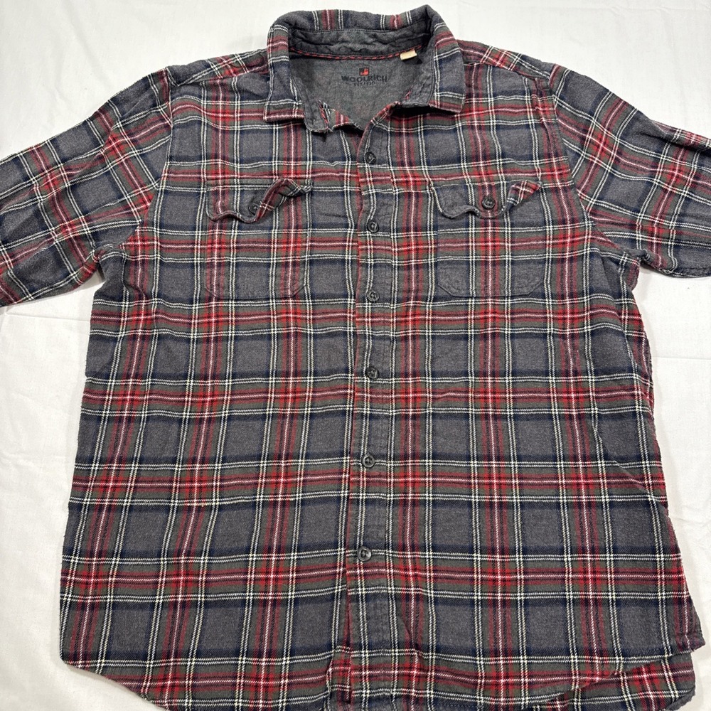 FLANNEL SHIRT Woolrich Men Large Blue Plaid Button Up Pockets Outdoor Workwear